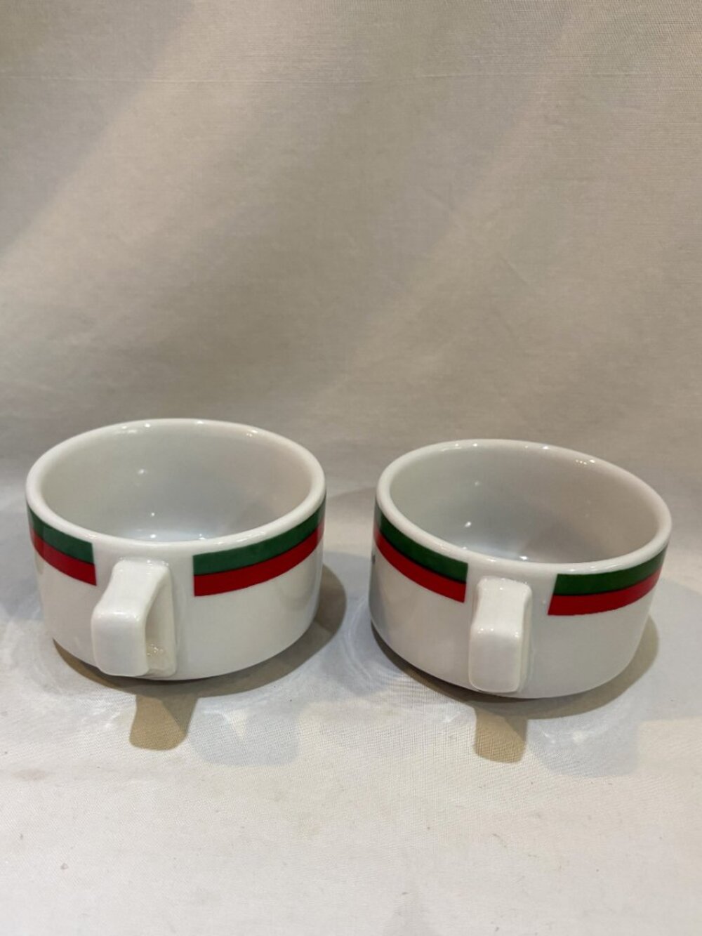 Pair of BIA Cordon Bleu Ceramic Cappuccino Cups 6 oz Stackable Red Green Stripes